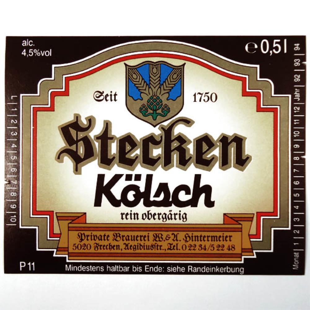 Rótulo de Cerveja Alemanha Stecken Kolsch 92-94